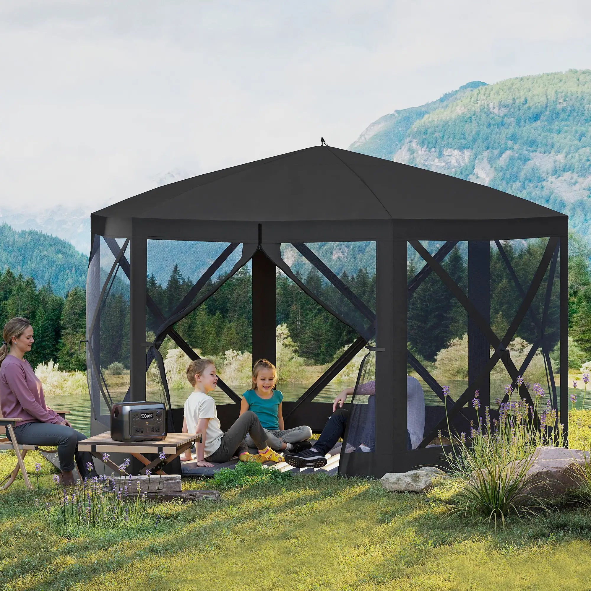 12' x 12' Hexagon Pop Up Screen Tent, Camping Shelter w/ Mesh, Carry Bag, Black Pop Up Canopies at Gallery Canada