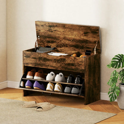 Shoe Storage Bench with Flip Drawer, Lift Top, Seat Cushion, Rustic Brown Shoe Storage Cabinets & Racks at Gallery Canada
