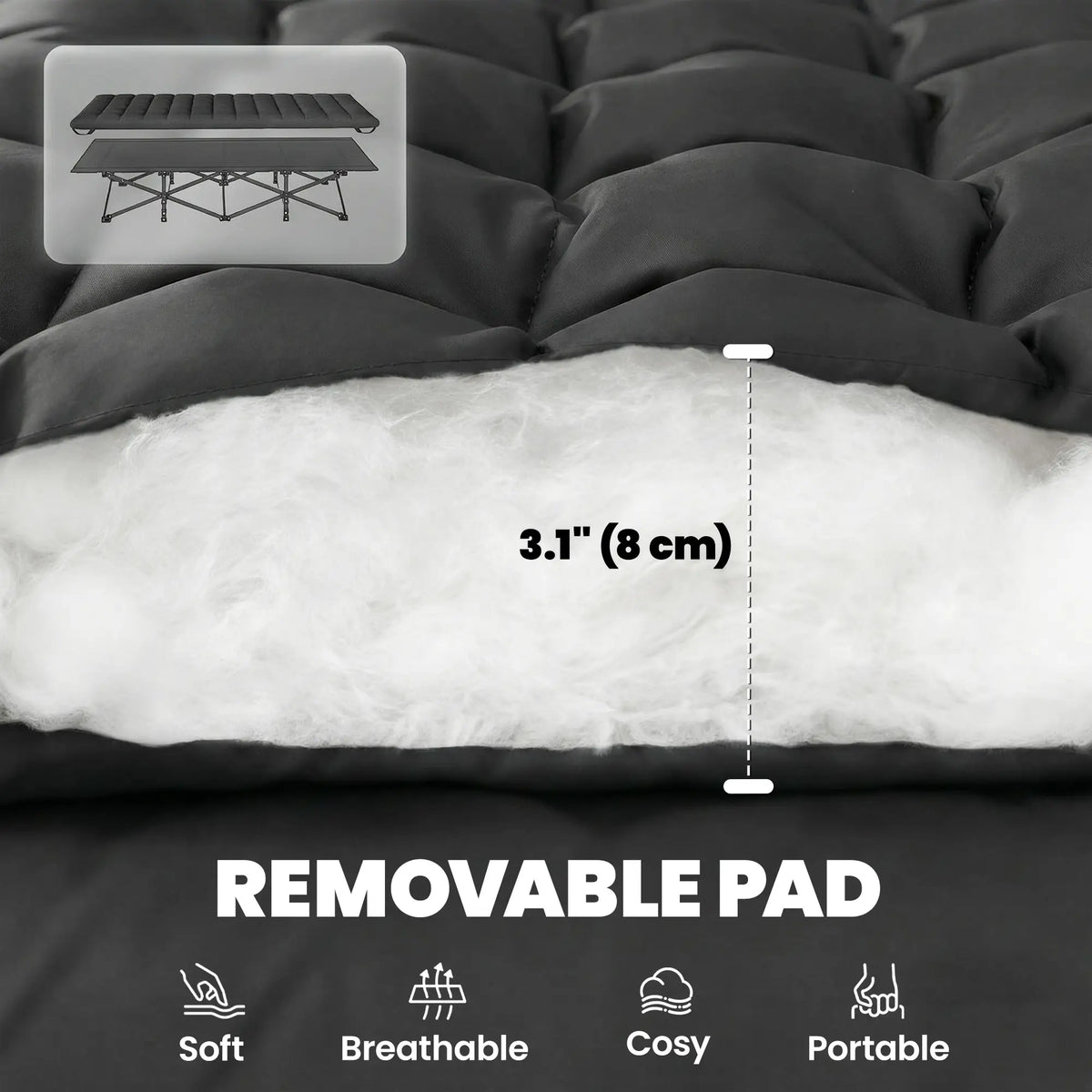 32" Extra Wide Folding Camping Cot, Soft Pad, Non-Slip Feet, Carry Bag, Black Camping Cots at Gallery Canada