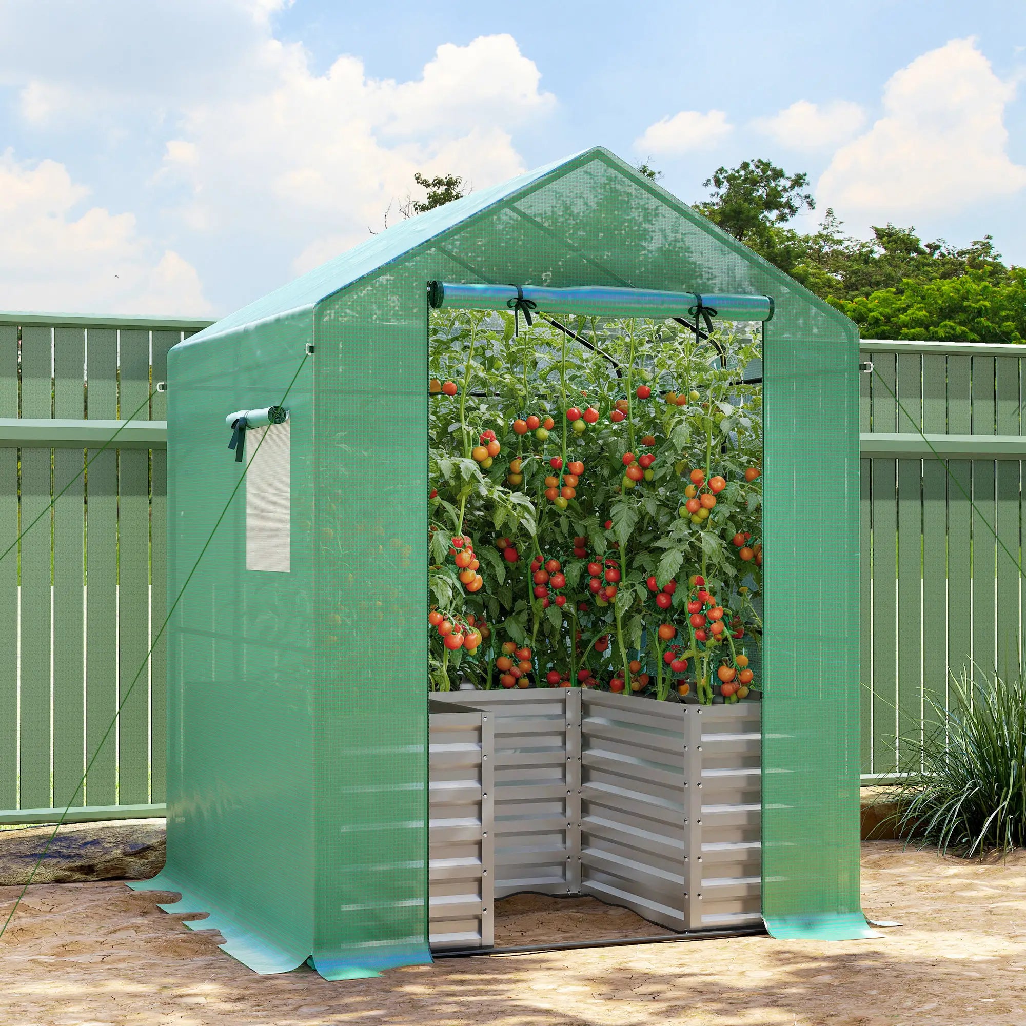 Greenhouse With Raised Garden Bed, Galvanized Metal Planter Box, 56