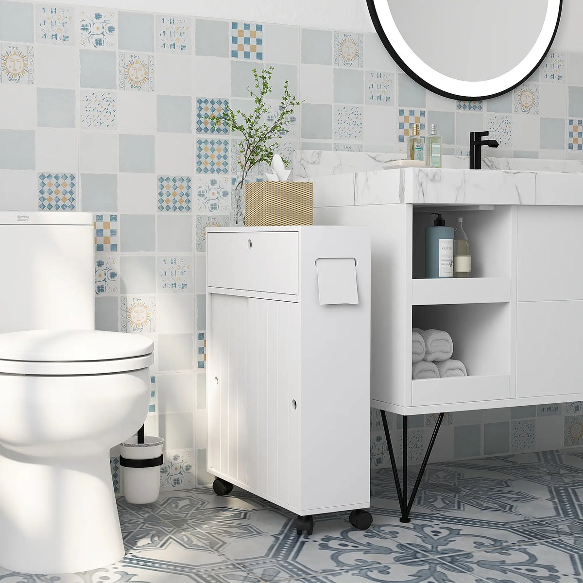 Bathroom Storage Cabinet, 20.5" x 6.75" x 26.5", Rolling Wheels, White Bathroom Cabinets at Gallery Canada
