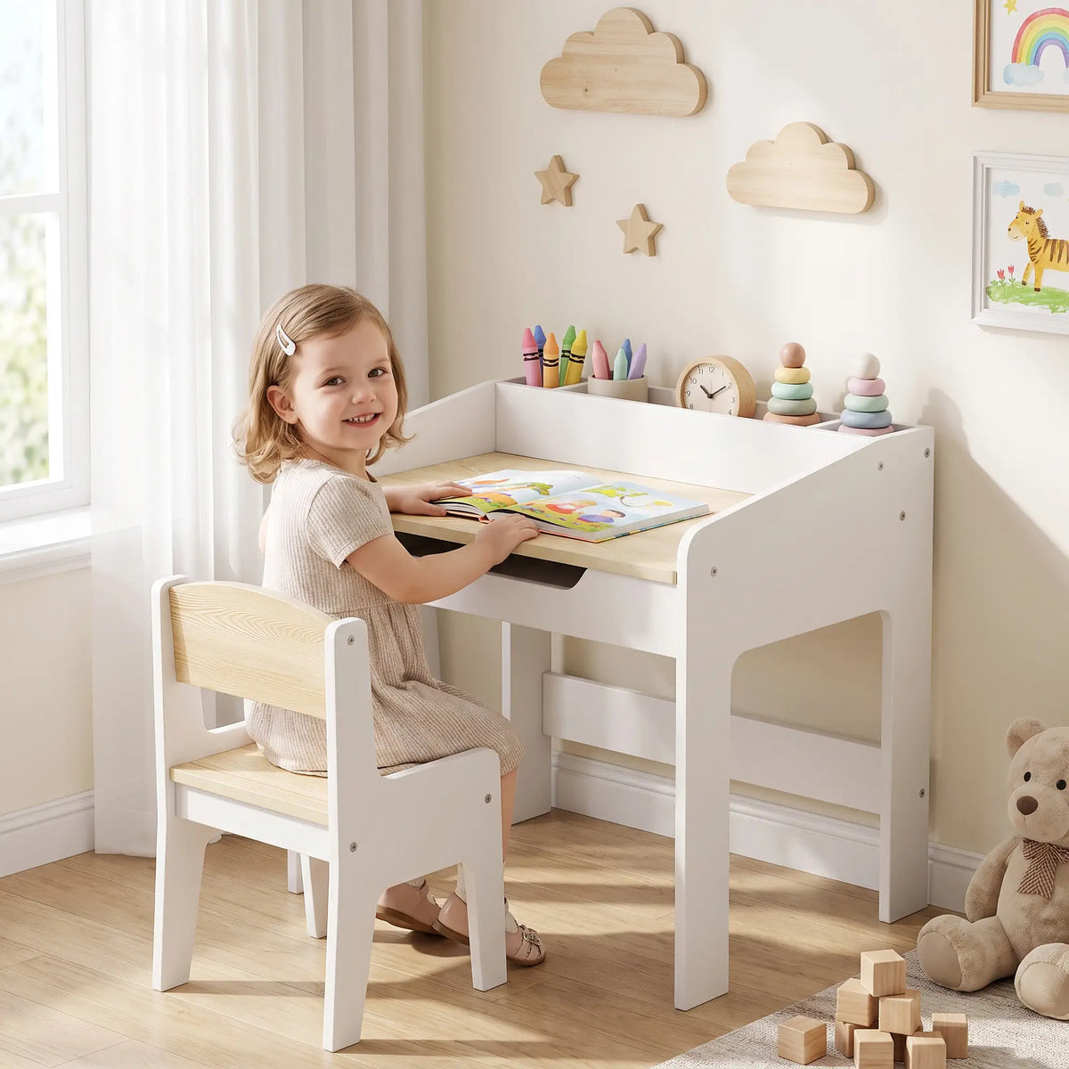 Kids Table and Chair Set, Study Desk with Shelf, White, White Kids Table Sets at Gallery Canada
