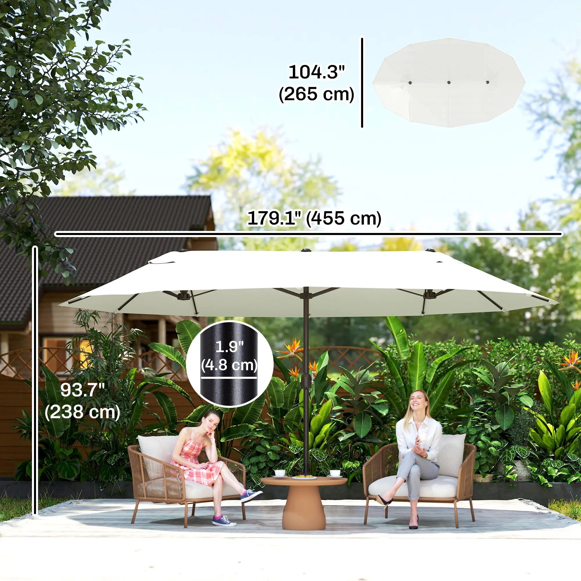 15 Ft Twin Canopy Patio Umbrella, Steel Lift Crank, Beige Sun Umbrellas at Gallery Canada