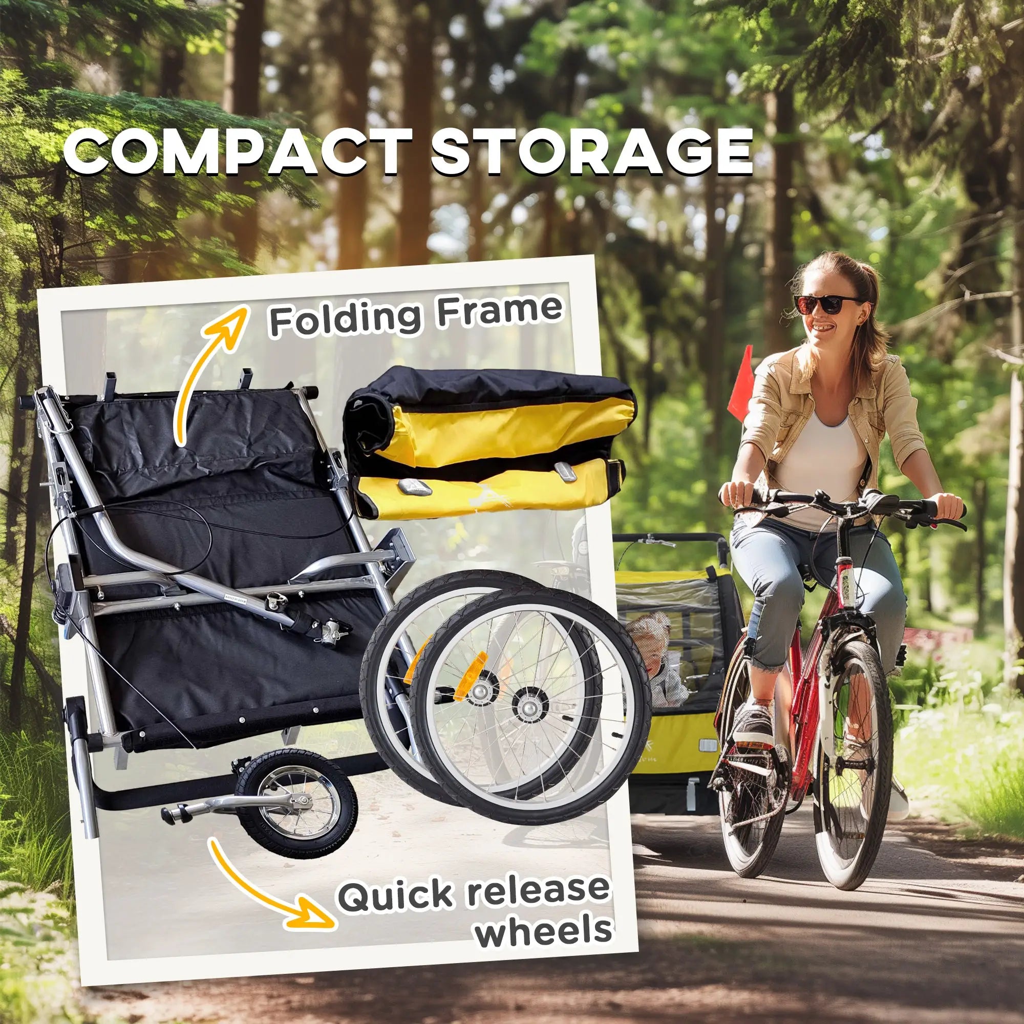 2-in-1 Bike Trailer, Foldable 2-Seat Stroller, 5-Point Harness, Yellow Kids Bike Trailers at Gallery Canada