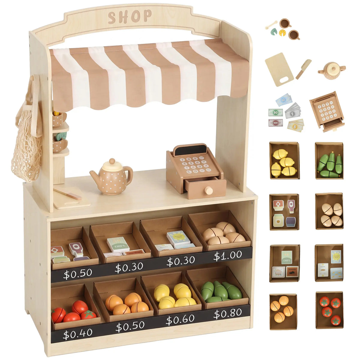 Wooden Grocery Store Playset, 61 Accessories, Play Food, Cash Register Toy Playsets at Gallery Canada