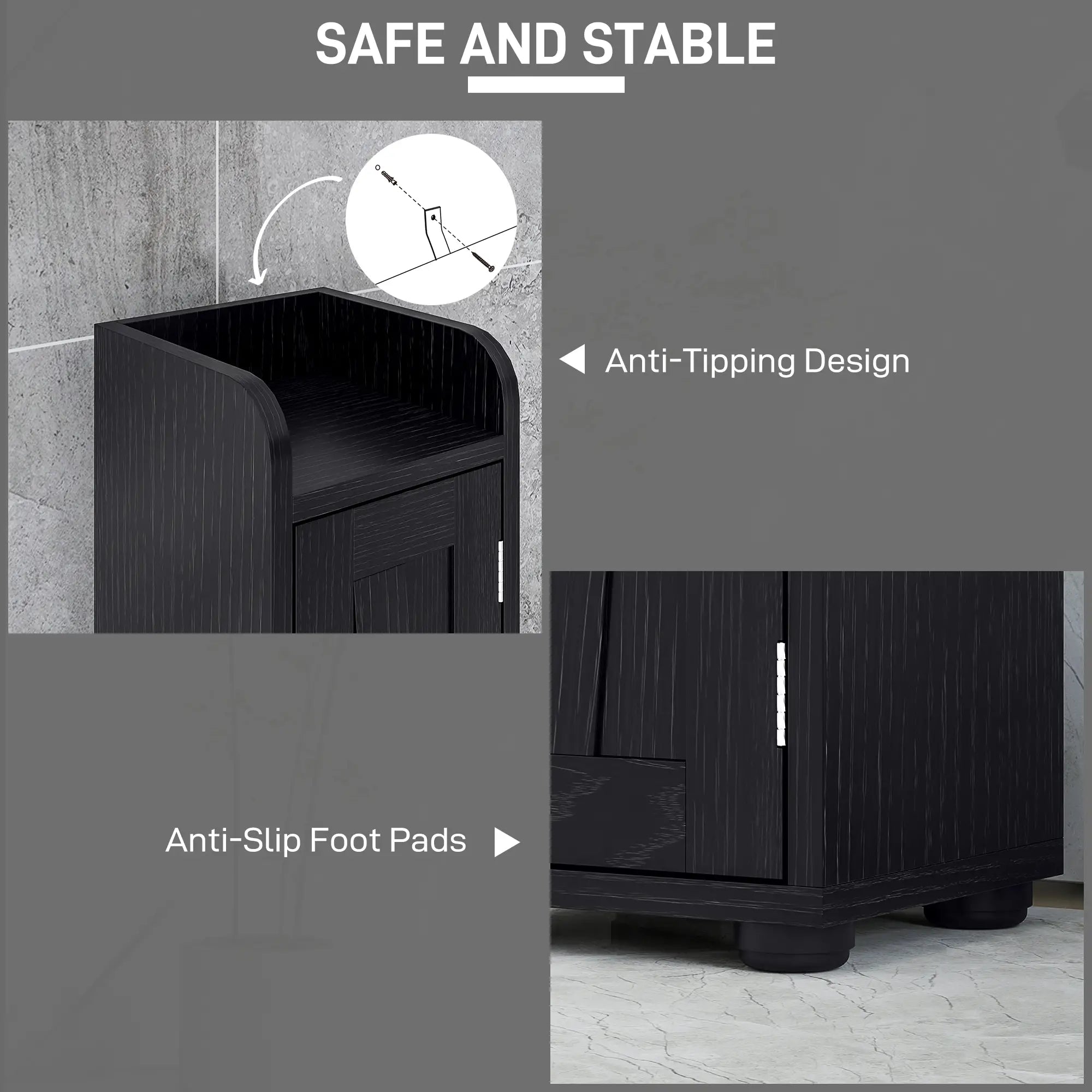 Narrow Bathroom Cabinet, Tall Storage with Barn Doors, Wood Grain, Black Bathroom Cabinets at Gallery Canada