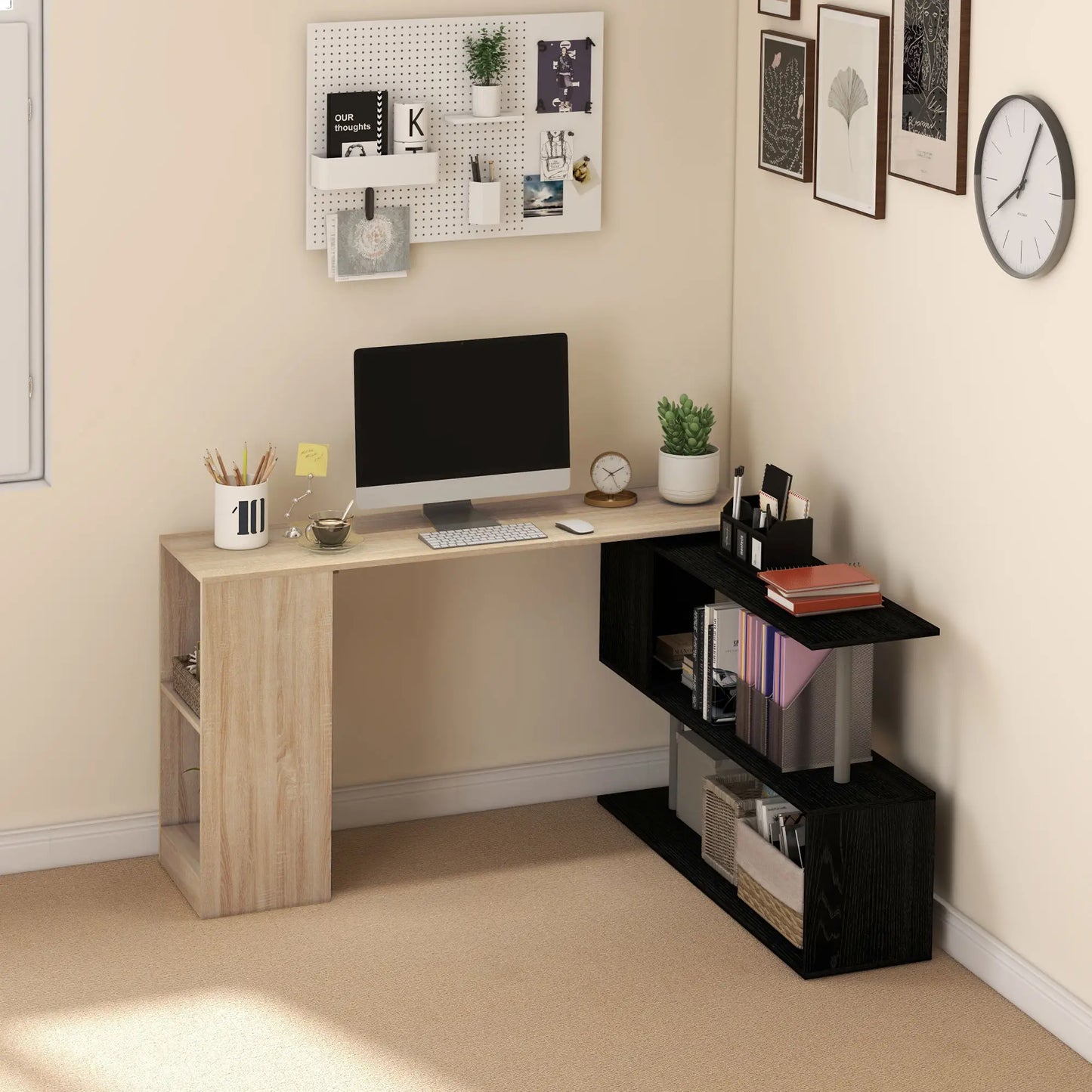 55" Corner Computer Desk, L-Shaped Rotating Workstation, 3-Tier Shelves Computer Desks at Gallery Canada
