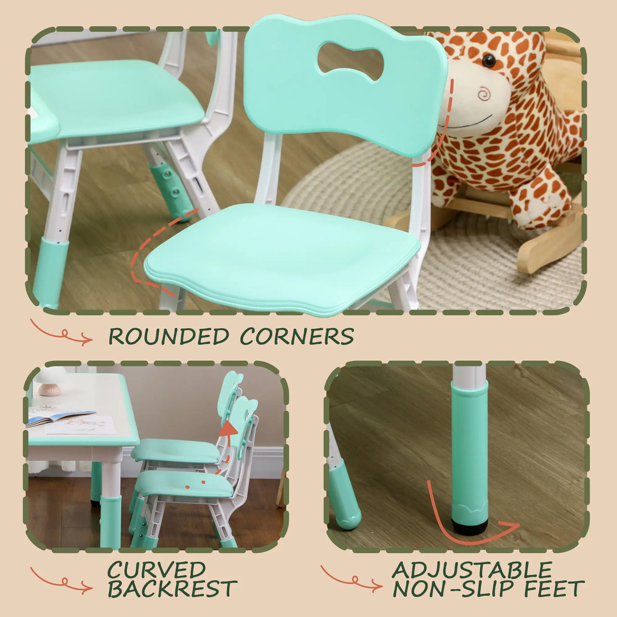 Kids Table and Chair Set, 4 Chairs, Adjustable Height, 1.5 - 5 Years, Green Kids Table Sets at Gallery Canada