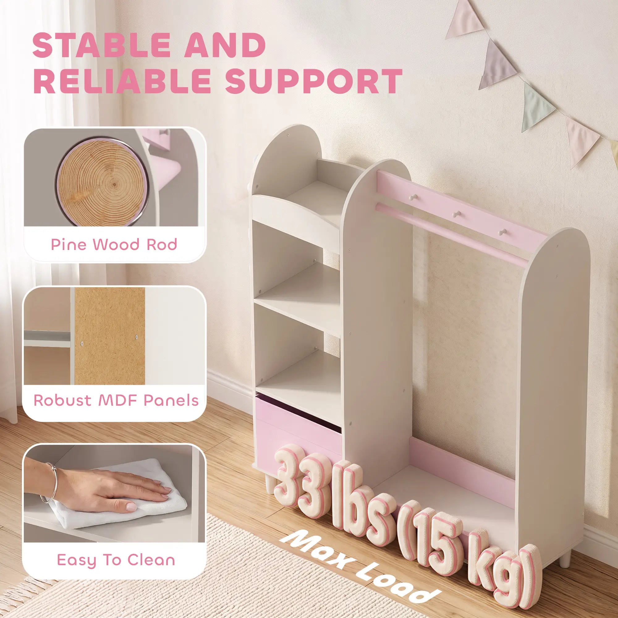 Kids Clothing Rack with Mirror, Drawer & Shelves, Pink Kids Bedroom Furniture at Gallery Canada