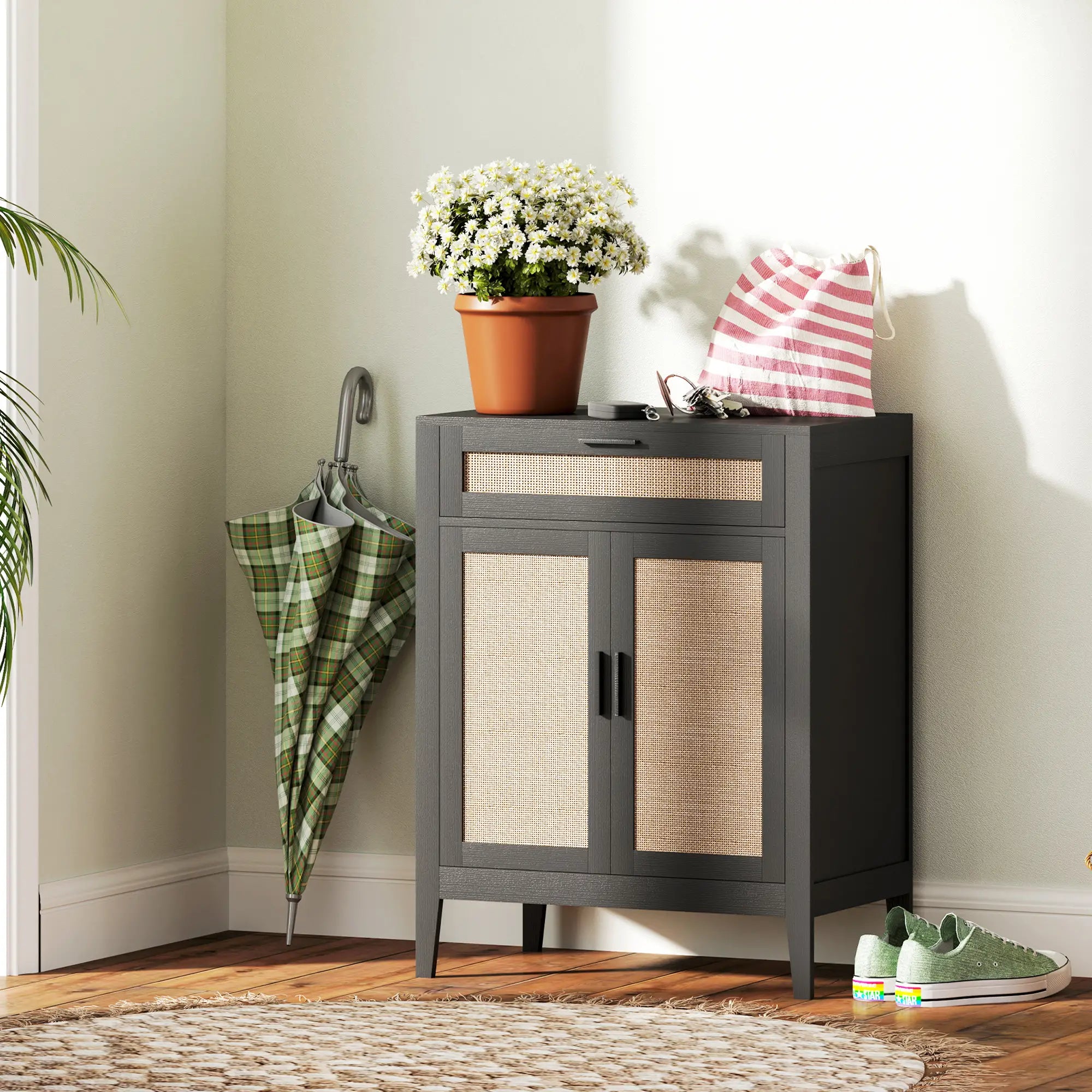 Boho Kitchen Sideboard, 2 Rattan Doors, Drawer, Black Storage Cabinets at Gallery Canada