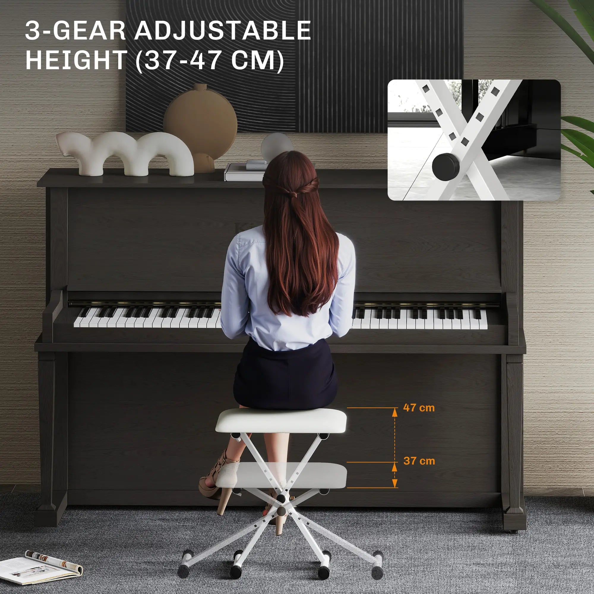 Adjustable Piano Bench, X-Style Folding Piano Stool with Padded Seat, Non-Slip Rubber Feet, Keyboard Chair, White Piano Benches at Gallery Canada
