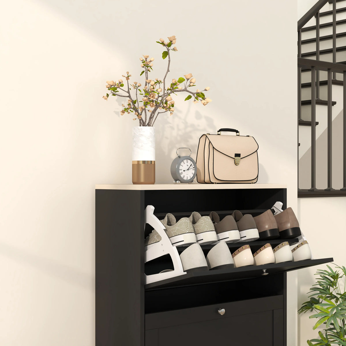 Modern Shoe Storage, 3 Flip Drawers, Adjustable Shelves, 18 Pairs, Black Shoe Storage Cabinets & Racks at Gallery Canada