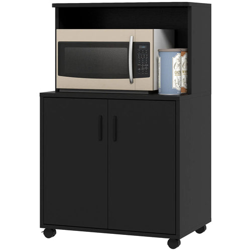 Microwave Cart on Wheels, 2-Door Cabinet, Black Wood Grain, Black