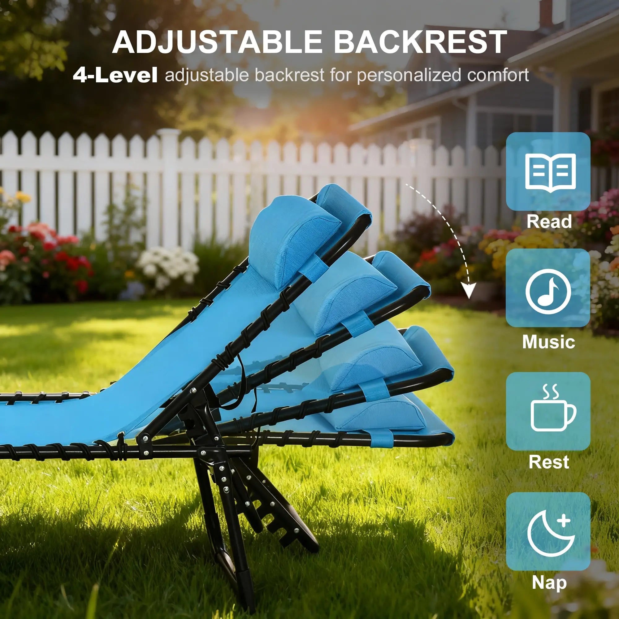 Outdoor Folding Lounge Chair, 4-Level Adjustable, Sky Blue Lounger Chairs at Gallery Canada