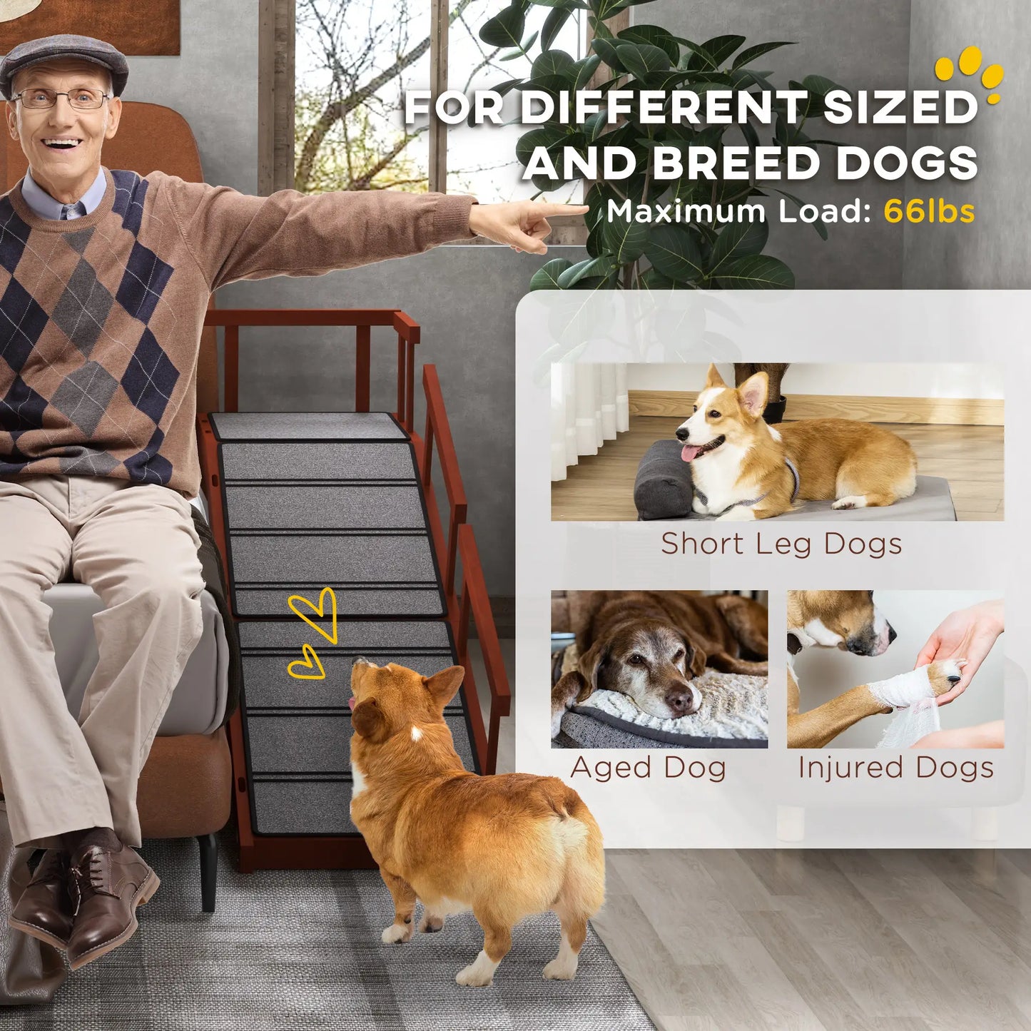 Wooden Dog Ramp, 60" Long, Non-Slip Rug, Removable Guardrails, Brown Dog Stairs at Gallery Canada