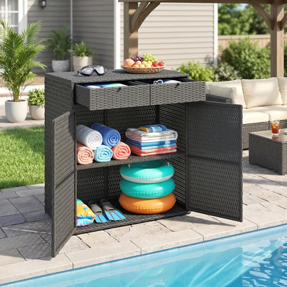 Wicker Outdoor Storage Cabinet, 2 Doors, Drawers, 2-Tier Shelf, Dark Grey Patio Storage Boxes at Gallery Canada