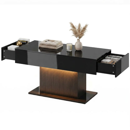 LED Coffee Table with Storage, High Gloss Modern Center Table with 2 Drawers and Remote Control for Living Room, Black Coffee Tables Black, High Gloss Black at Gallery Canada