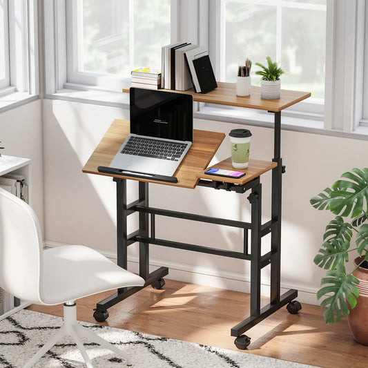 Mobile Stand Up Desk, Height Angle Adjustable, Wheels, Brown Computer Desks Brown, Black at Gallery Canada