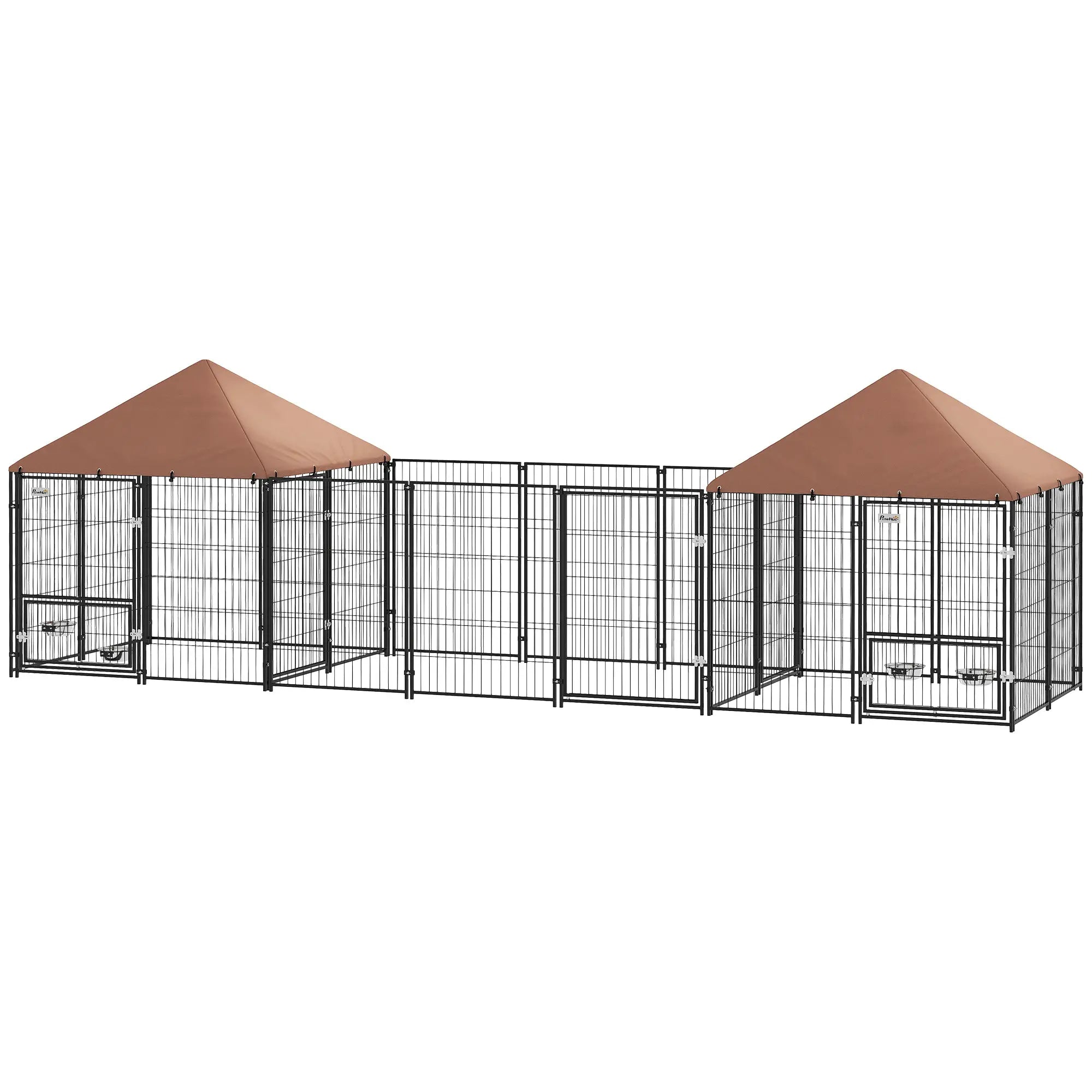 Outdoor Dog Kennel, 2 Rooms, Adjustable Bowls, Waterproof Cover, 16.2' x 4.7' x 5.1' Houses, Kennels & Pens Coffee at Gallery Canada