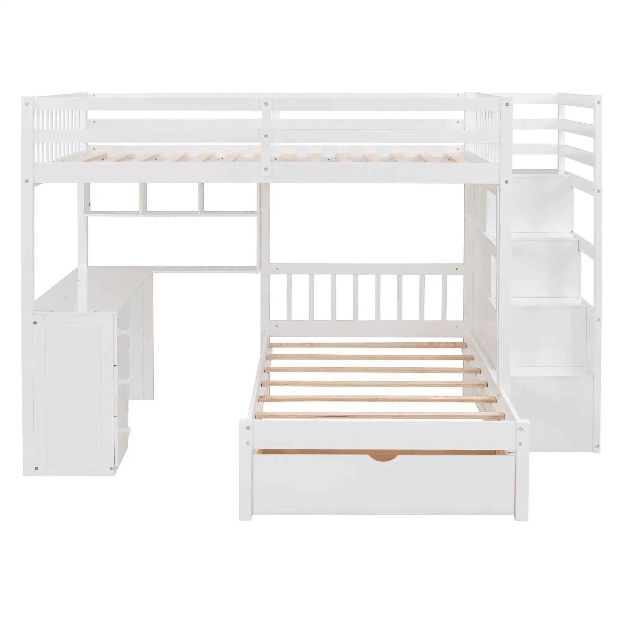 Over Twin Bunk Bed with Desk, Drawers, Shelves, 98