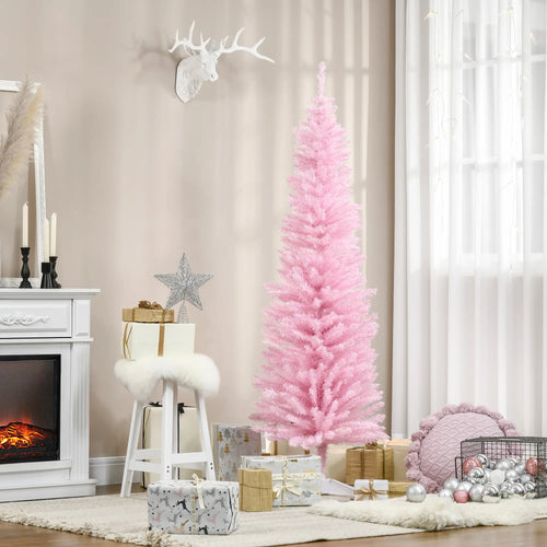 6' Slim Artificial Christmas Tree, Realistic Branches, Sturdy Metal Stand, Pink