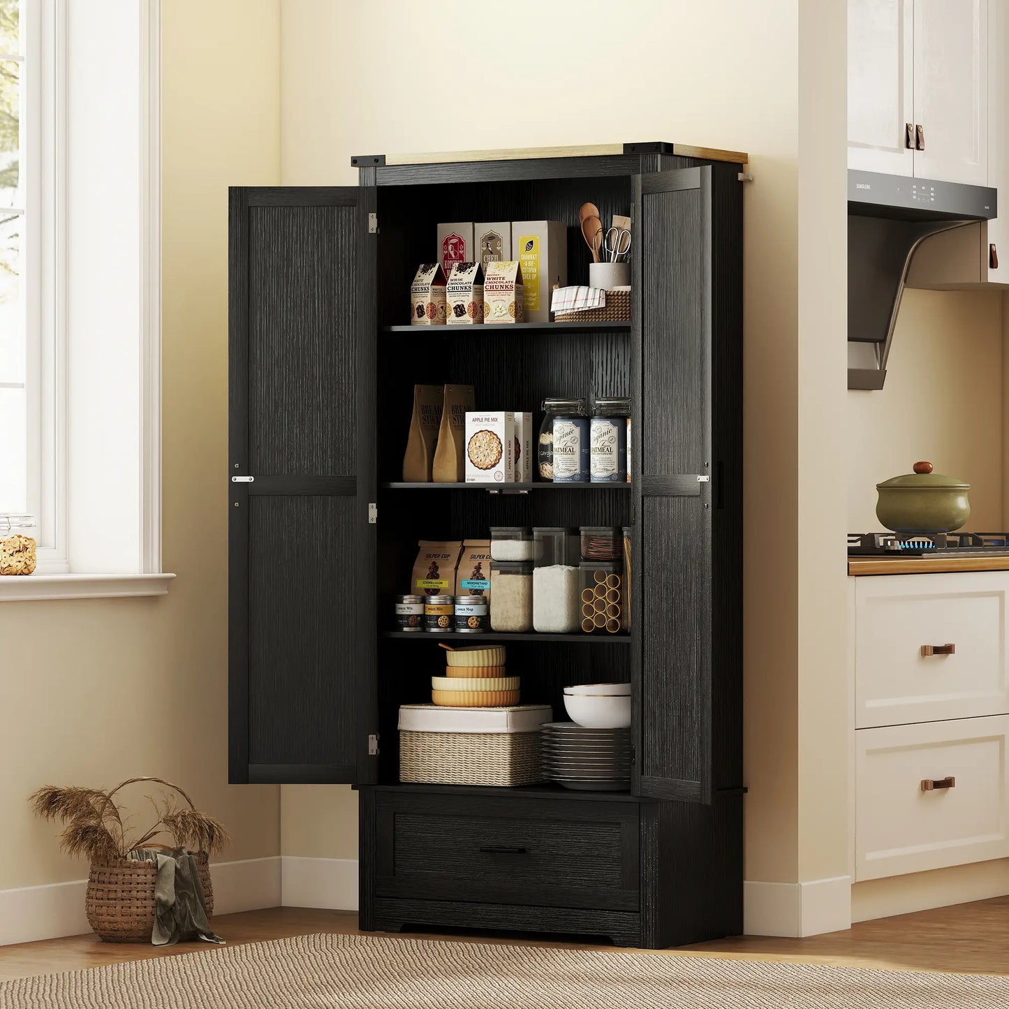69" Tall Kitchen Pantry Cabinet, 2 Doors, Drawer, Adjustable Shelves, Black Brown Kitchen Pantry Cabinets at Gallery Canada