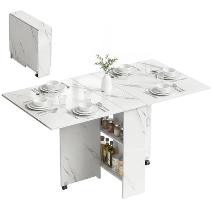 Extendable Dining Table, Marble White, Collapsible With Shelves, White