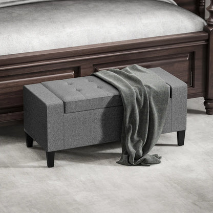 36" Linen-Look Storage Ottoman Bench, Solid Wood Frame, Grey Storage Ottomans & Benches at Gallery Canada