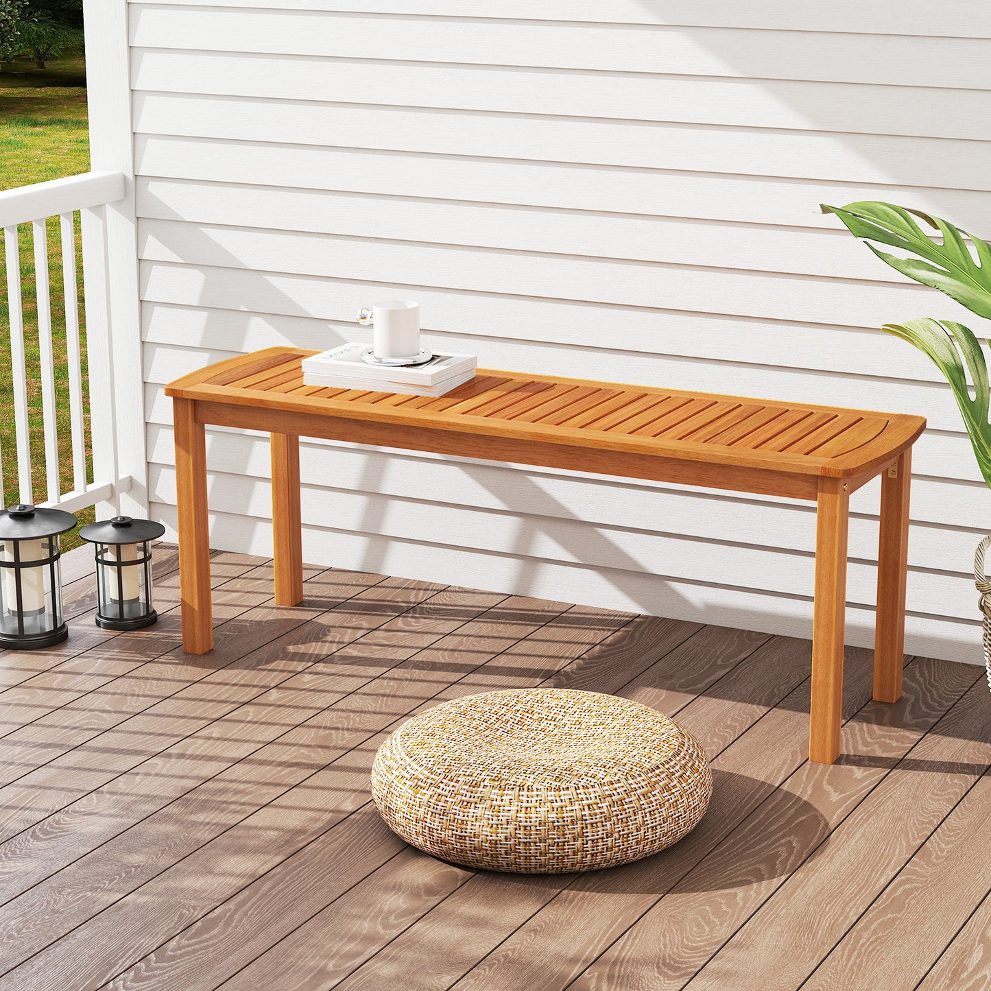 Acacia Wood Outdoor Bench With Slatted Seat, Natural Outdoor Benches at Gallery Canada