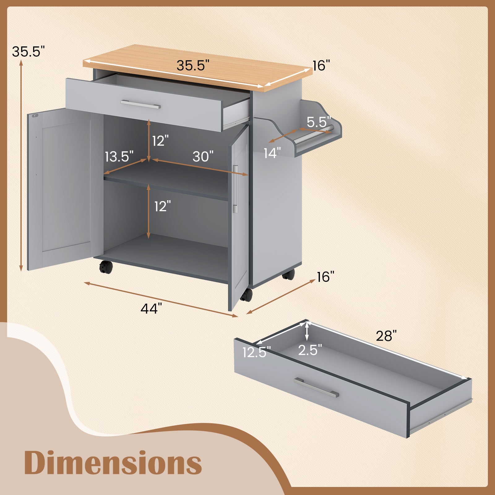 Rolling Kitchen Island Cart, Gray Kitchen Islands & Carts at Gallery Canada
