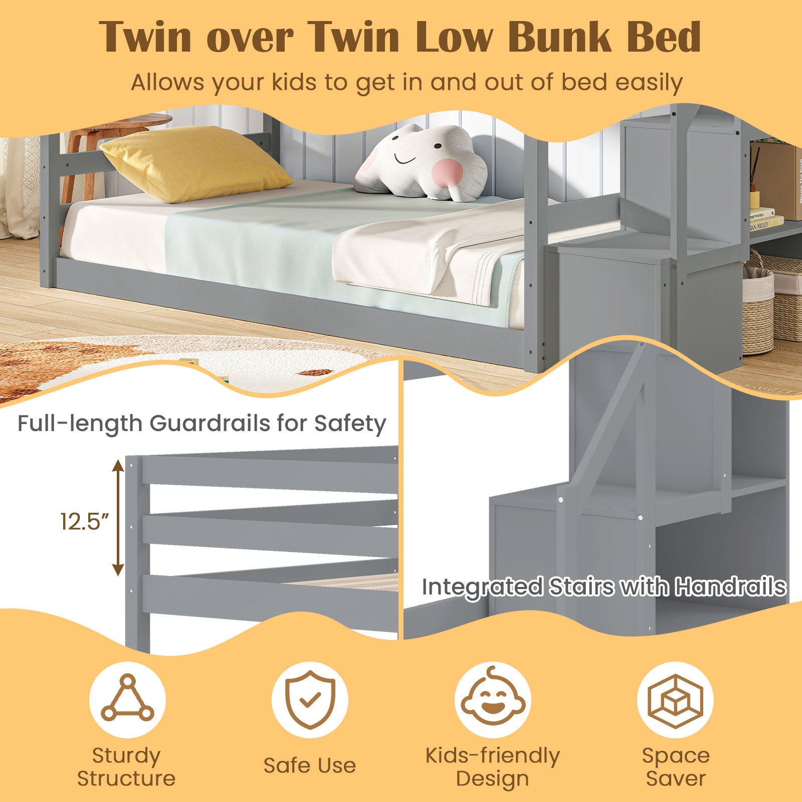 Twin Over Twin Low Bunk Bed With Storage Stairs, Solid Wood Frame, Gray Bunk Bed Frame at Gallery Canada