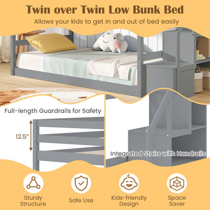 Twin Over Twin Low Bunk Bed With Storage Stairs, Solid Wood Frame, Gray Bunk Bed Frame at Gallery Canada