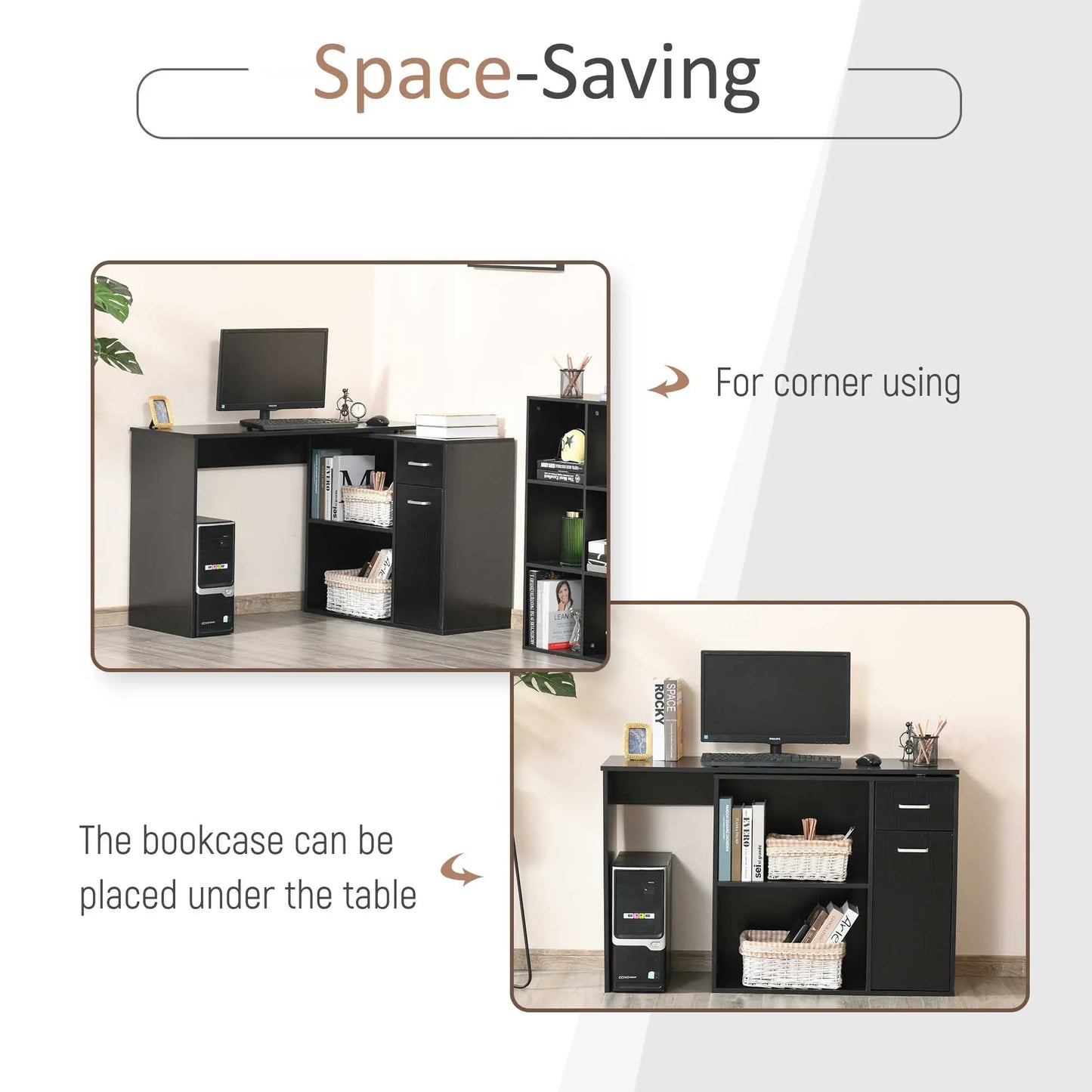 180° Rotating Corner Desk, Storage Shelf Cabinet, Black Writing Desks at Gallery Canada