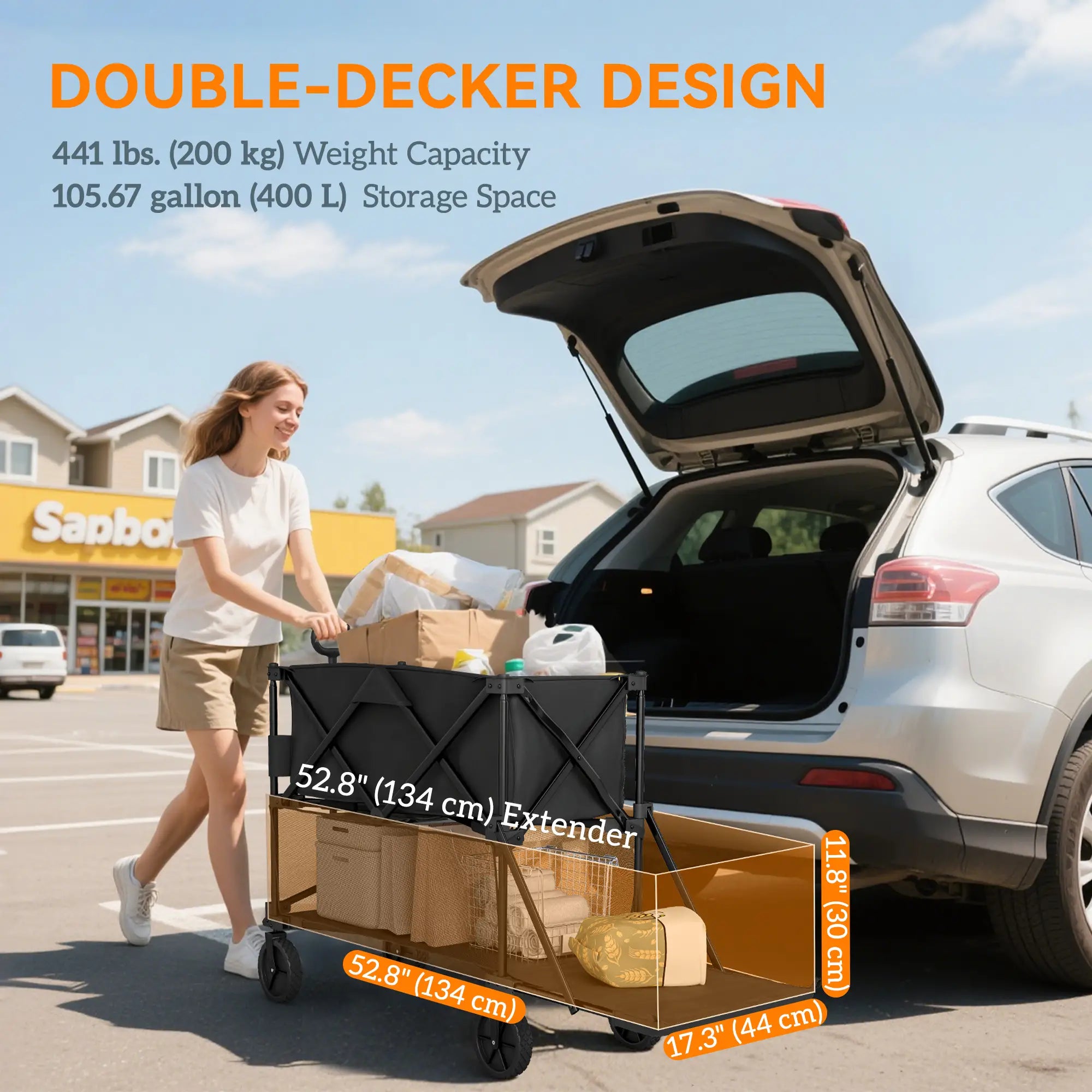 Double Decker Folding Wagon Cart, 450LBS & 350L Capacity, Collapsible Garden Cart Folding Garden Carts at Gallery Canada