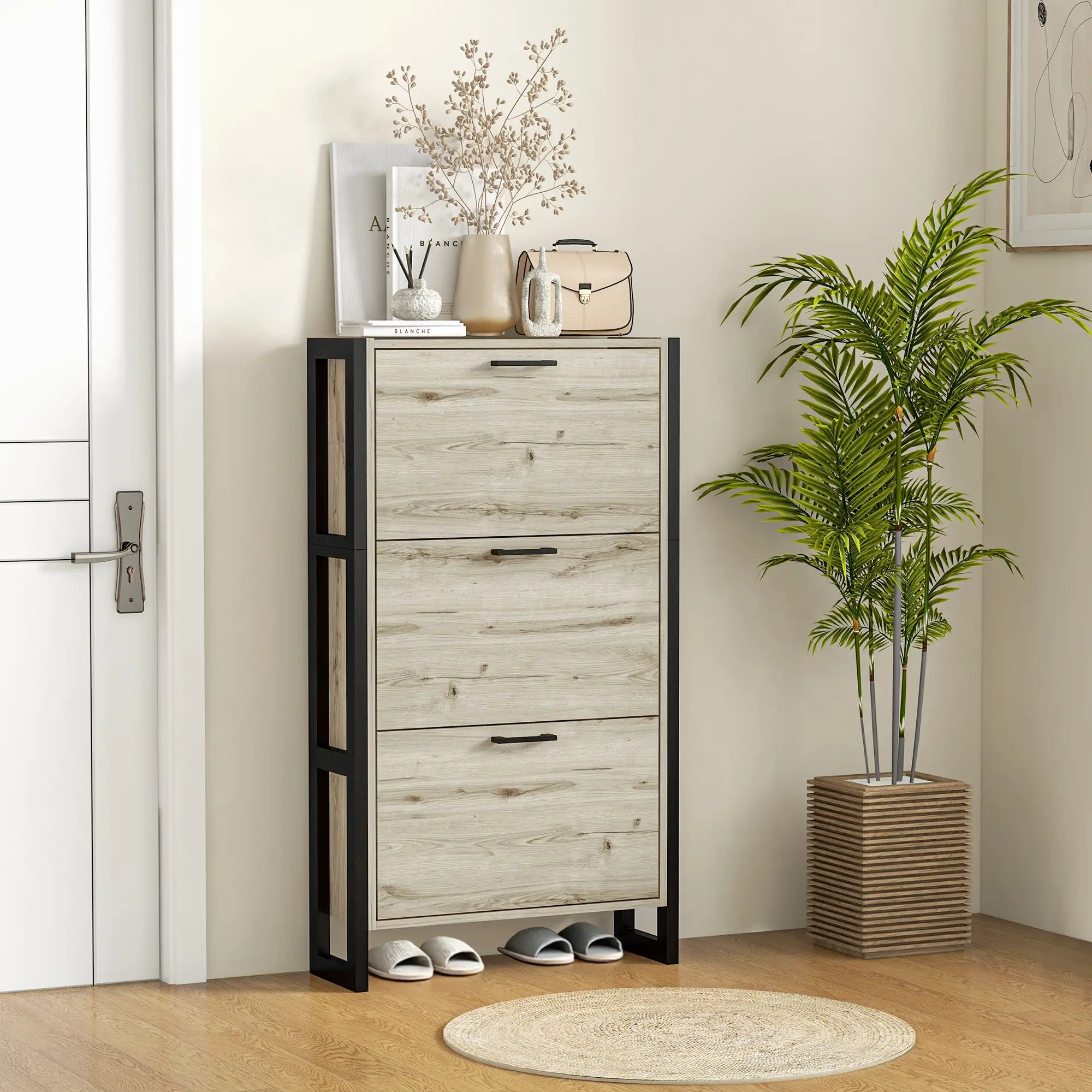 Shoe Cabinet, 3 Flip Drawer, Narrow for 15 Pairs, Walnut Shoe Storage Cabinets & Racks at Gallery Canada