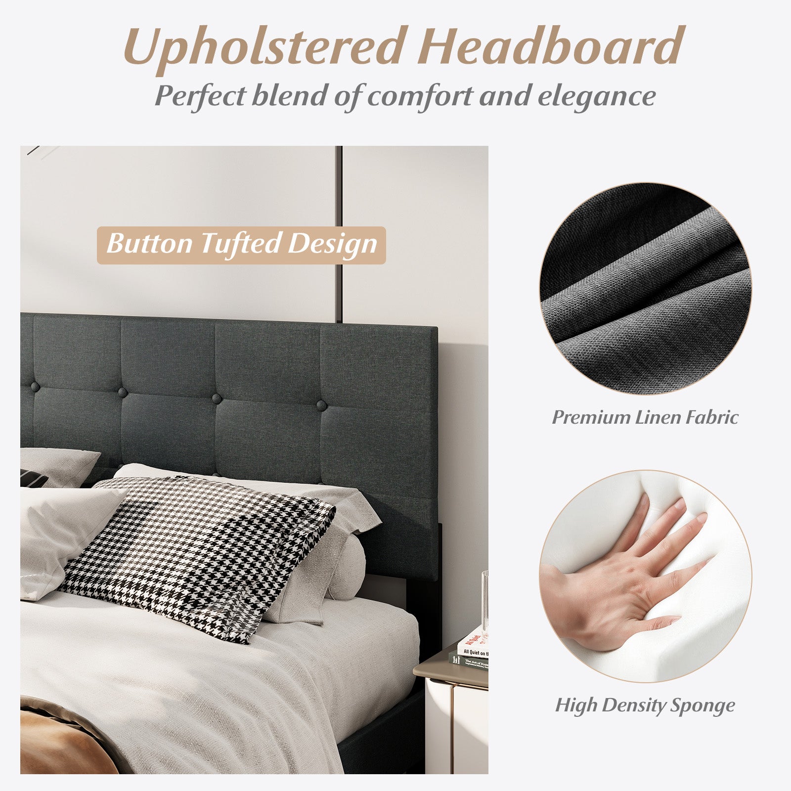 Queen Size Upholstered Bed Frame, Platform Bed, Dark Gray Simple Bed Frame at Gallery Canada