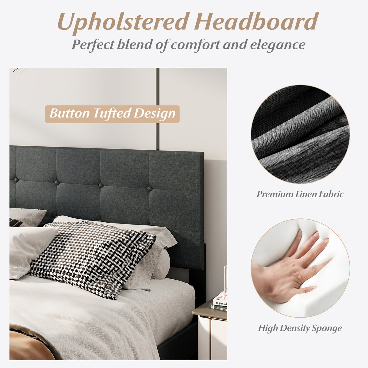 Queen Size Upholstered Bed Frame, Platform Bed, Dark Gray Simple Bed Frame at Gallery Canada