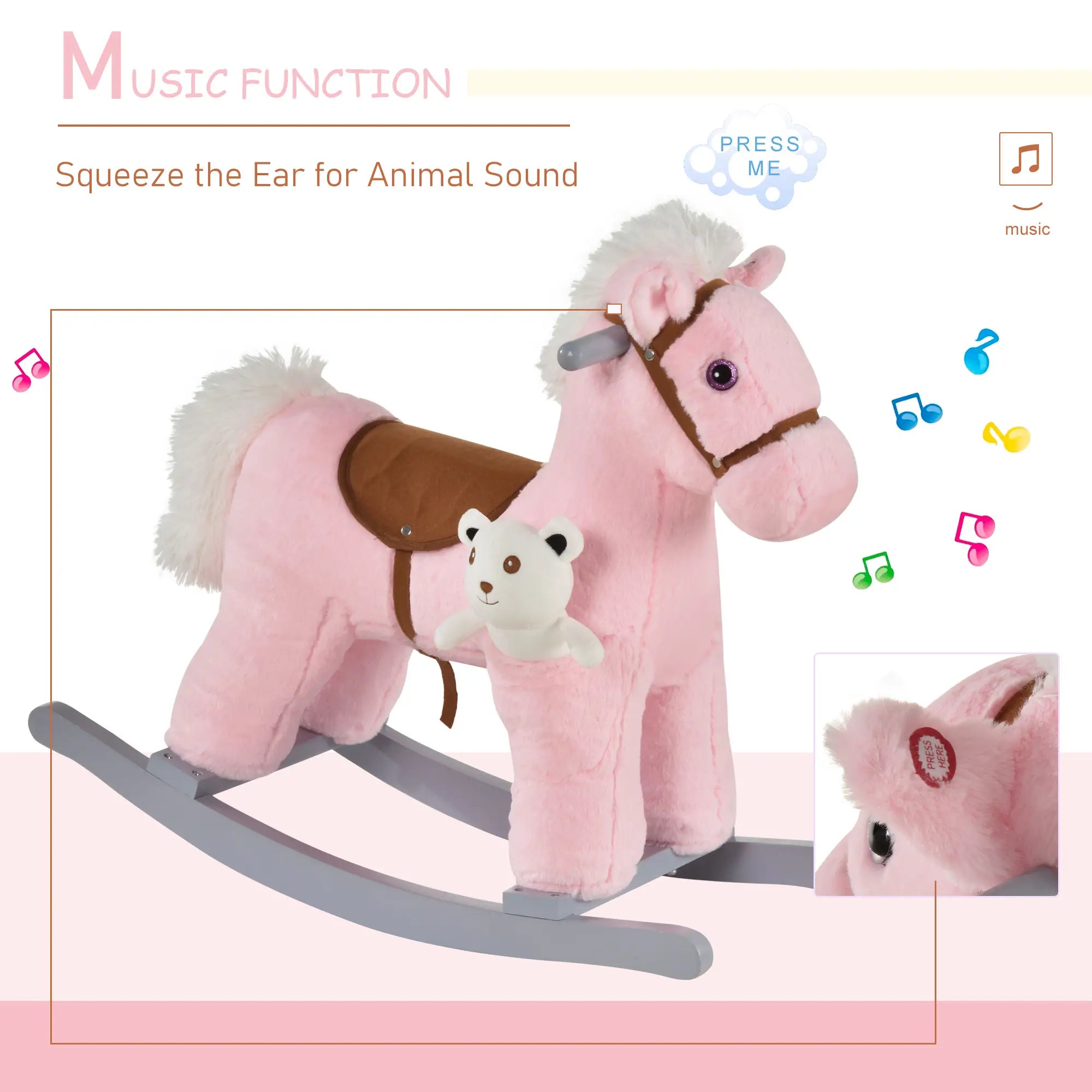 Kids Plush Ride-On Rocking Horse, Soft Bear Toy, Realistic Sounds, Pink Rocking Horses at Gallery Canada