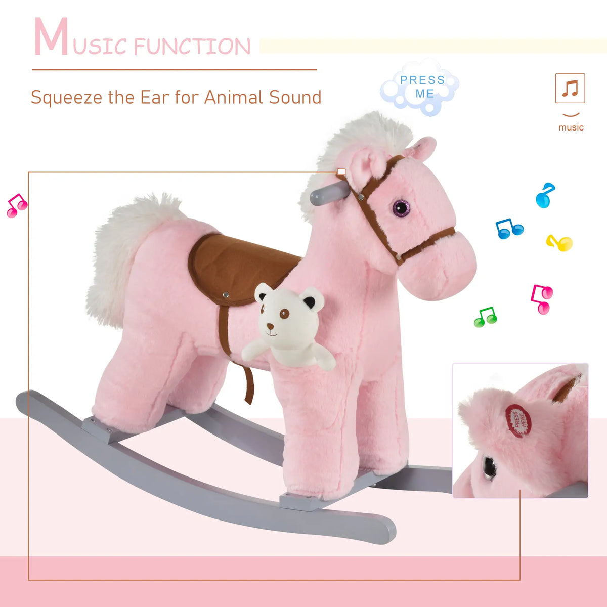 Kids Plush Ride-On Rocking Horse, Soft Bear Toy, Realistic Sounds, Pink Rocking Horses at Gallery Canada