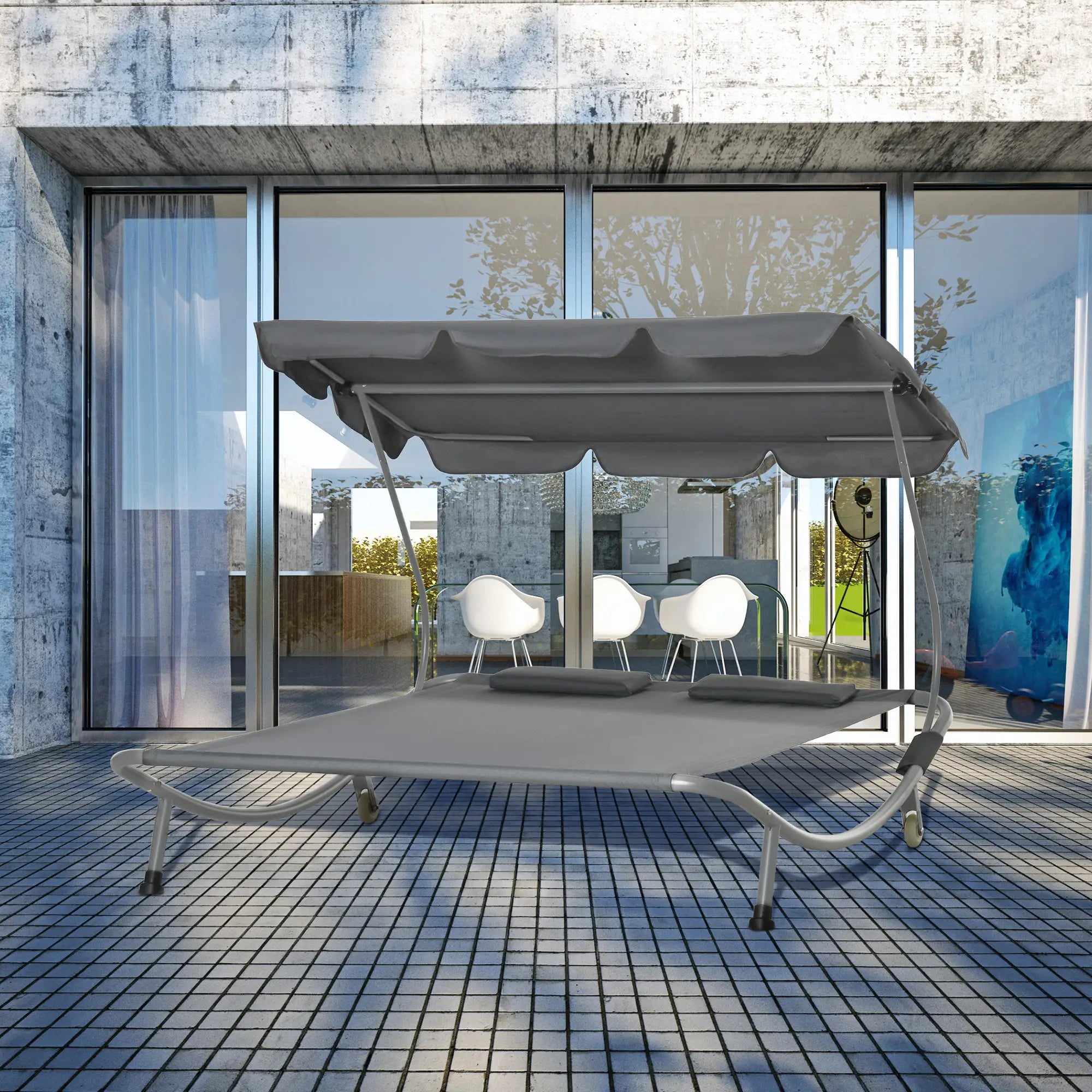 Double Patio Lounger, Adjustable Canopy, Headrest Pillows, 2 Wheels, Grey Lounger Chairs at Gallery Canada