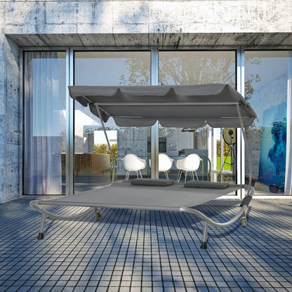 Double Patio Lounger, Adjustable Canopy, Headrest Pillows, 2 Wheels, Grey Lounger Chairs at Gallery Canada