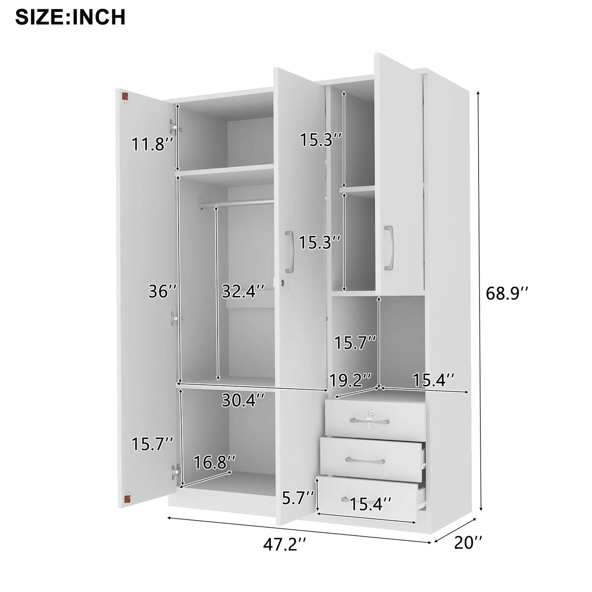 Wooden Wardrobe, Shelves, 3 Drawers, Hanging Rod, 47" L x 20" W x 69" H, White Clothing Storage at Gallery Canada