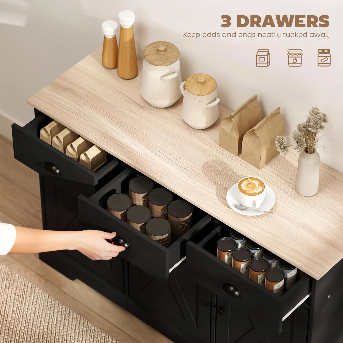 46.5" Buffet Cabinet, Farmhouse Sideboard, 3 Barn Doors, 3 Drawers, Black Bar Cabinets at Gallery Canada