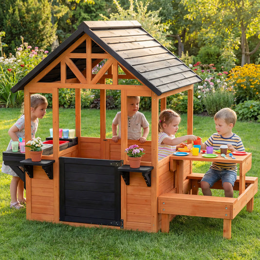 Wooden Playhouse With Table, Benches, Sink, Windows, Flowerpot Holders, Brown Play Houses Light Brown, Black at Gallery Canada
