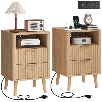 Modern Nightstands Set Of 2, Charging Station, 2 Drawers, Open Shelf, Oak Bedside Tables at Gallery Canada
