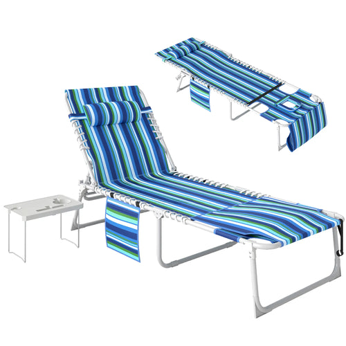 Folding Outdoor Lounge Chair, With Face Hole And Side Table, Blue Stripe