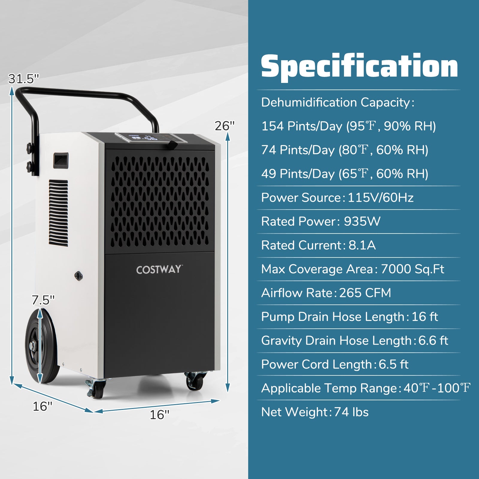 154 Pints Commercial Dehumidifier, With Pump And Drain Hoses, White Dehumidifiers at Gallery Canada