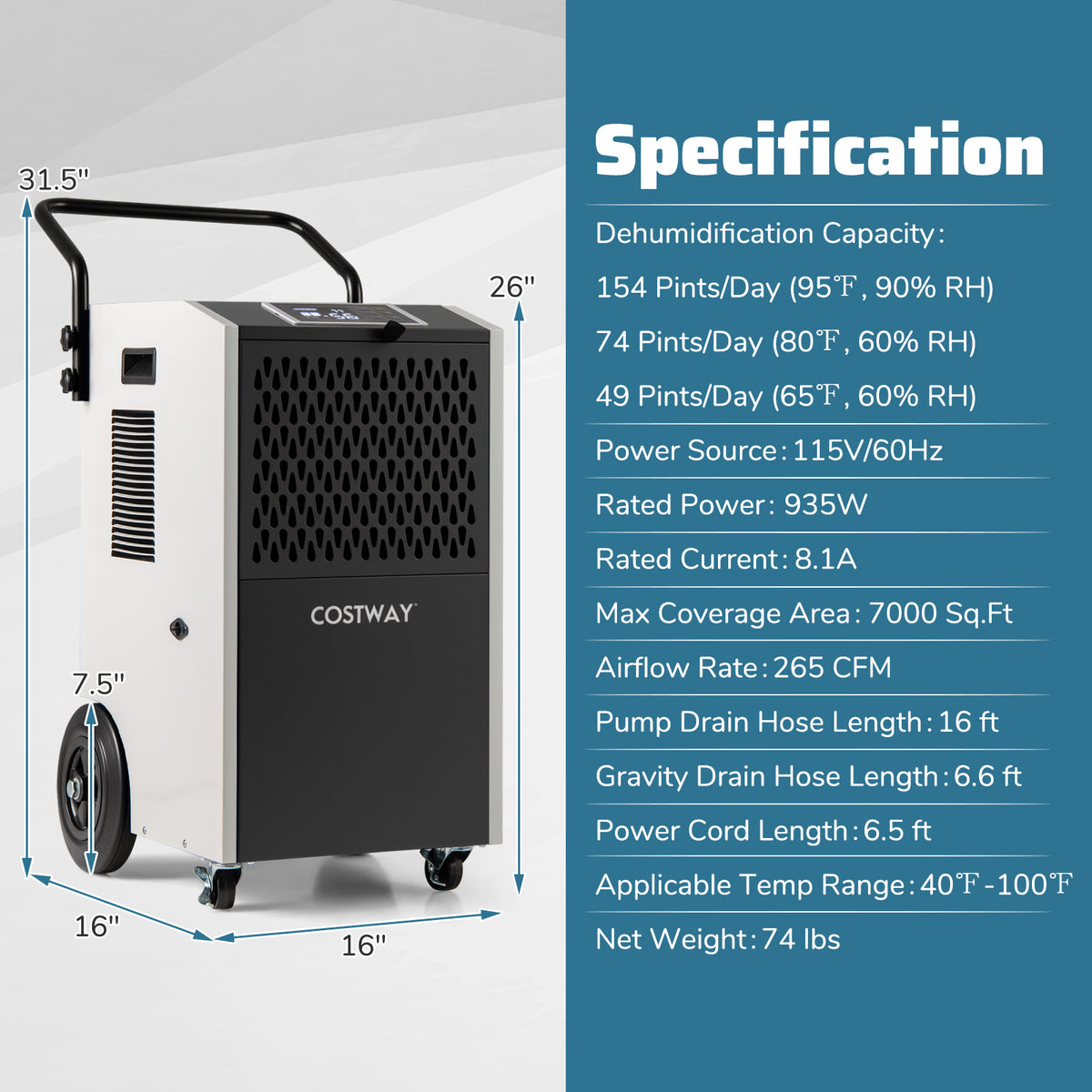 154 Pints Commercial Dehumidifier, With Pump And Drain Hoses, White Dehumidifiers at Gallery Canada