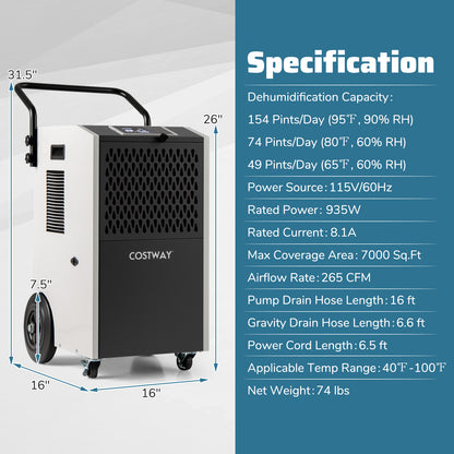 154 Pints Commercial Dehumidifier, With Pump And Drain Hoses, White Dehumidifiers at Gallery Canada