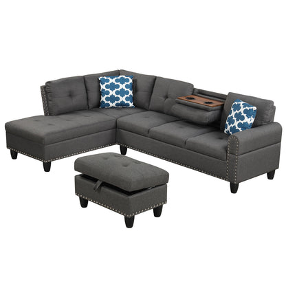 98 Inches Sectional Sofa, Movable Storage Ottoman, Linen Fabric, Dark Gray Sofas & Loveseats at Gallery Canada